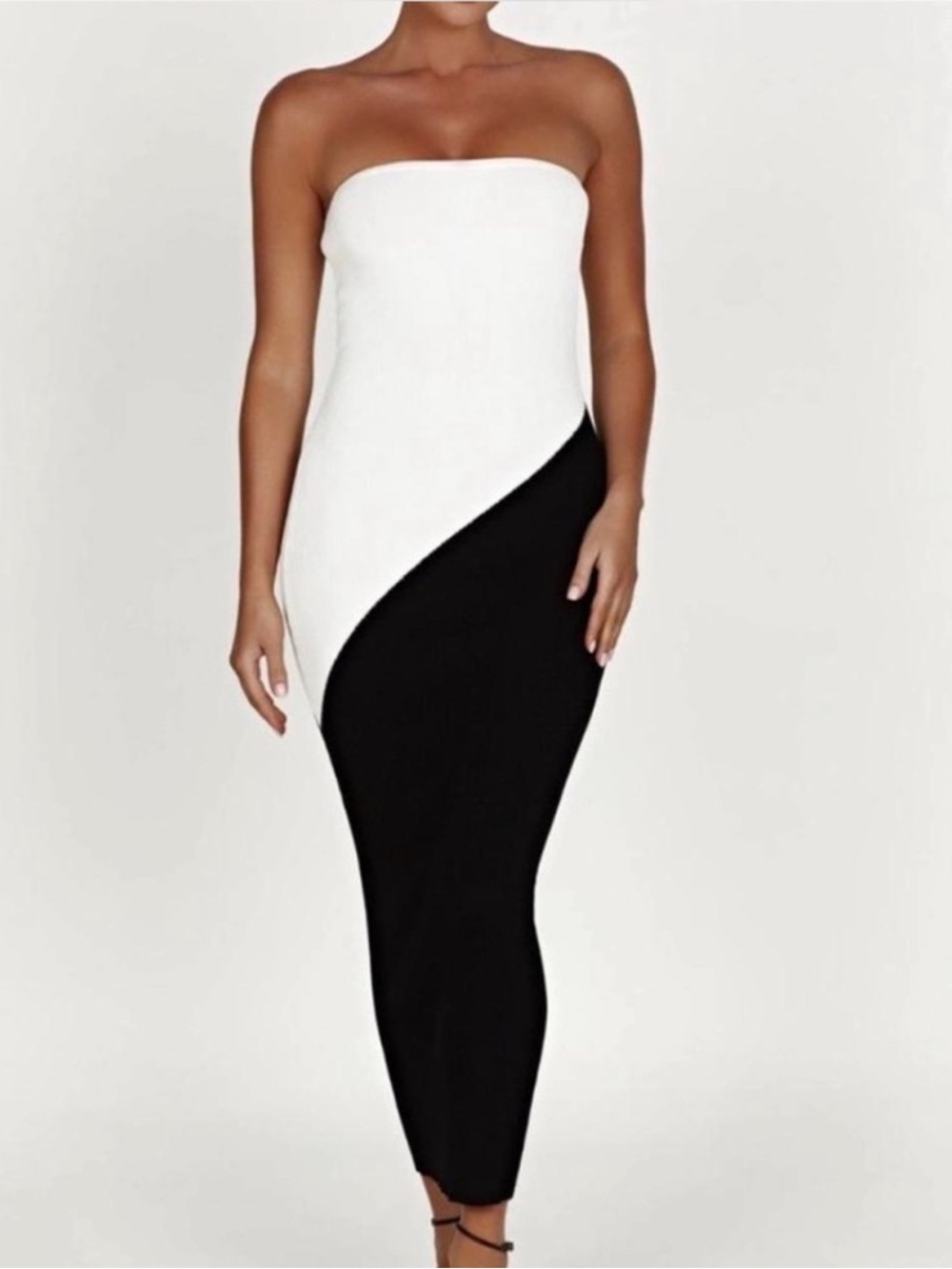 Meshki Strapless Two-Tone Black & White Midi Bodycon Dress